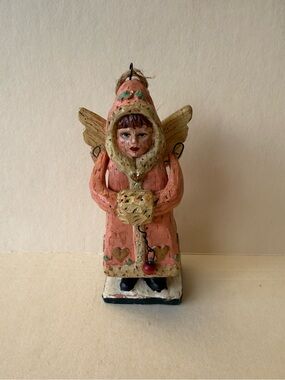Woodland Rustic Resin Peach Angel w/ Wings Figurine Jointed Arms Ornament.
